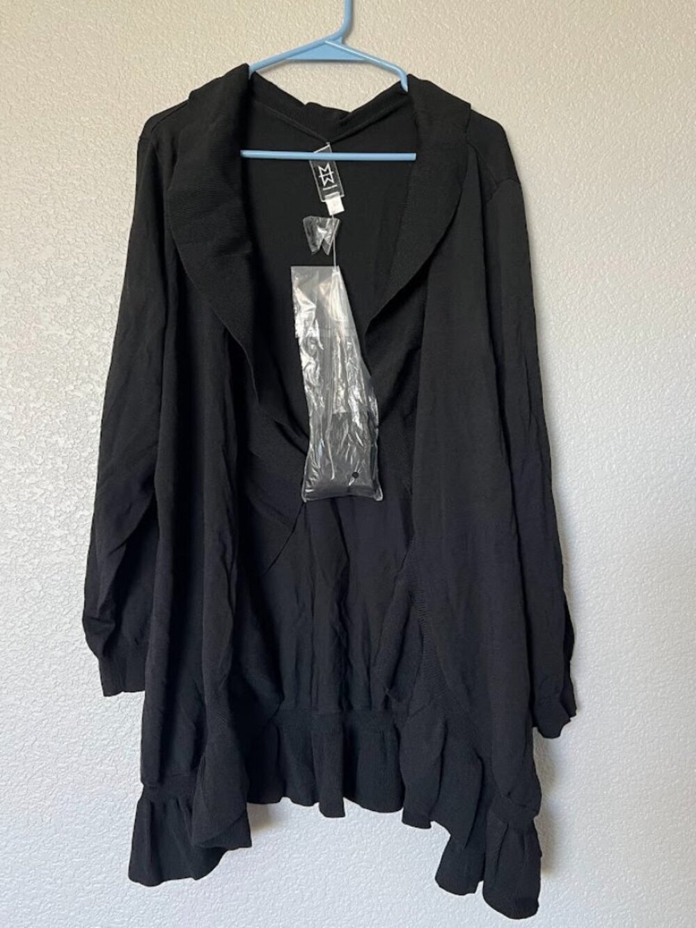 NEW Marc Bouwer Black Open Front Draped Long Sleeve Ruffle Hem Cardigan 2X NWT